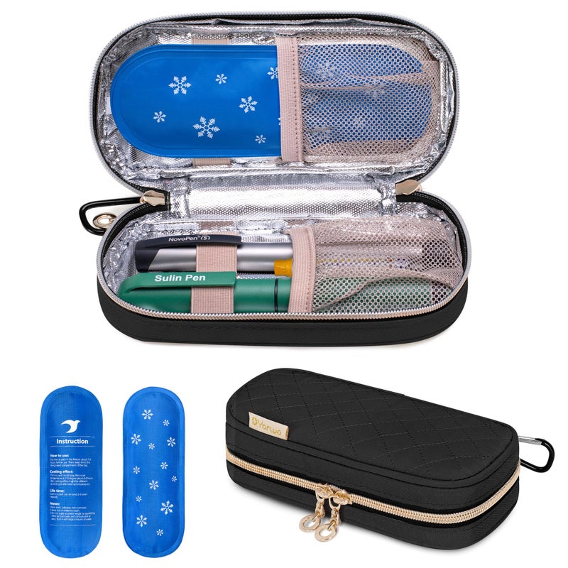 YARWO Insulin Cooler Travel Case with 2 Ice Packs, Diabetic Medication Organizer Bag, Portable Medical Cooler Bag for Insulin Pens and Other Diabetes Care Supplies, Black (Patented Design)